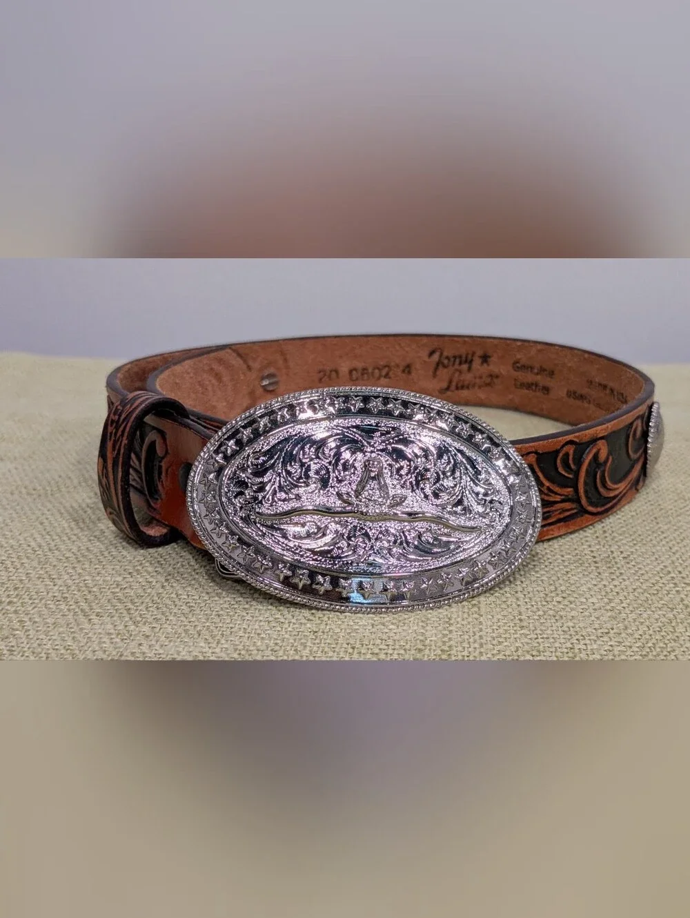 Tony Lama Kids Western Brown Leather US Flag Embossed Silver Buckle & Studs 7/21